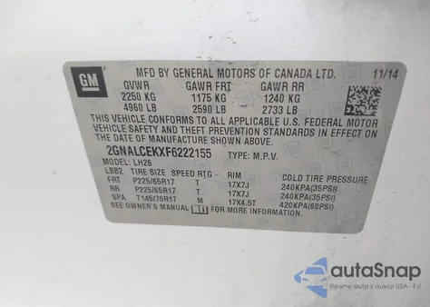2015 Chevrolet Equinox 2Lt from USA, damaged, VIN 2GNALCEKXF6222155